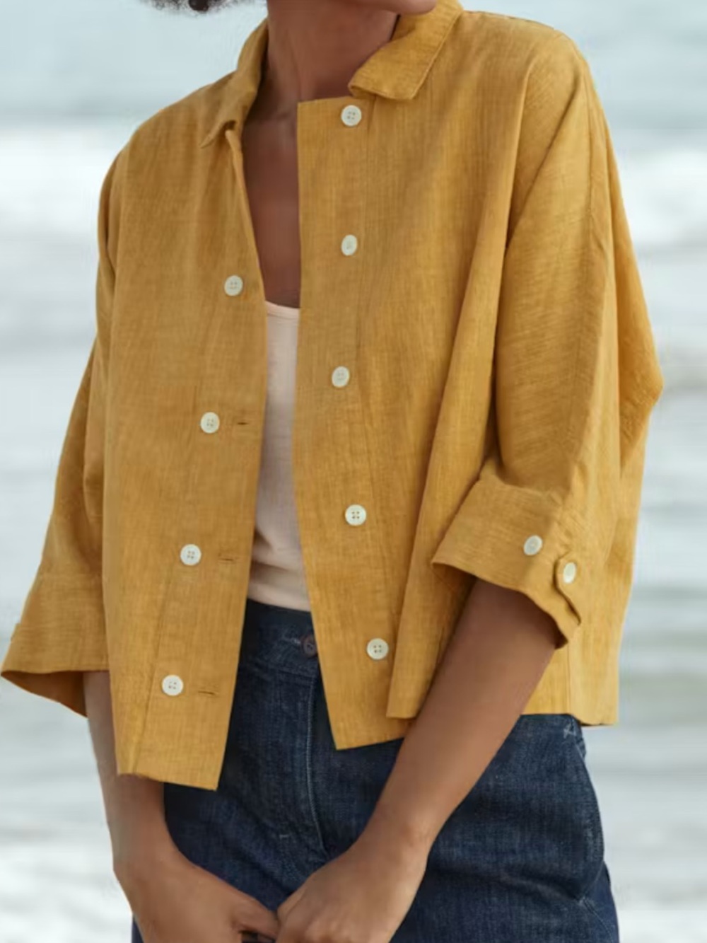 Poetry Double Breasted Hemp Cotton Yellow Linen Button-Front Boxy Top Jacket